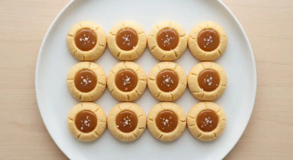 salted caramel cookies, caramel cookie recipe, caramel dessert ideas, Salted Caramel Thumbprint Cookies,