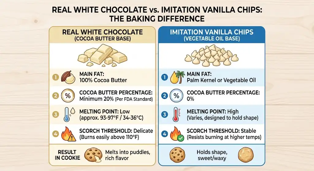 Anatomy of Real White Chocolate vs Imitation Vanilla Chips highlighting cocoa butter percentage, melting point, and scorch threshold