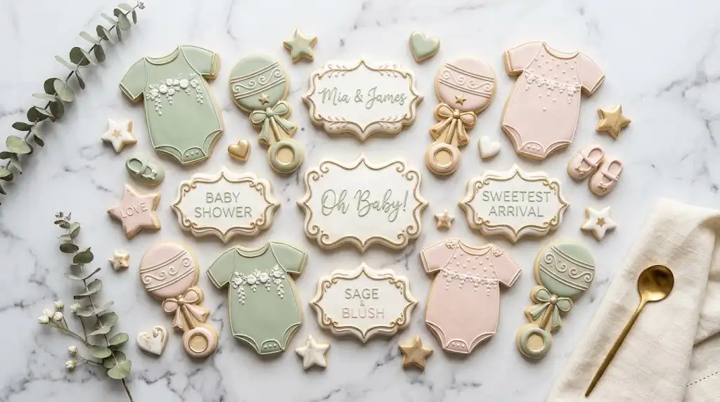 Array of decorated baby shower cookies on a marble tabletop featuring pastel onesies, rattles, and plaque shapes.