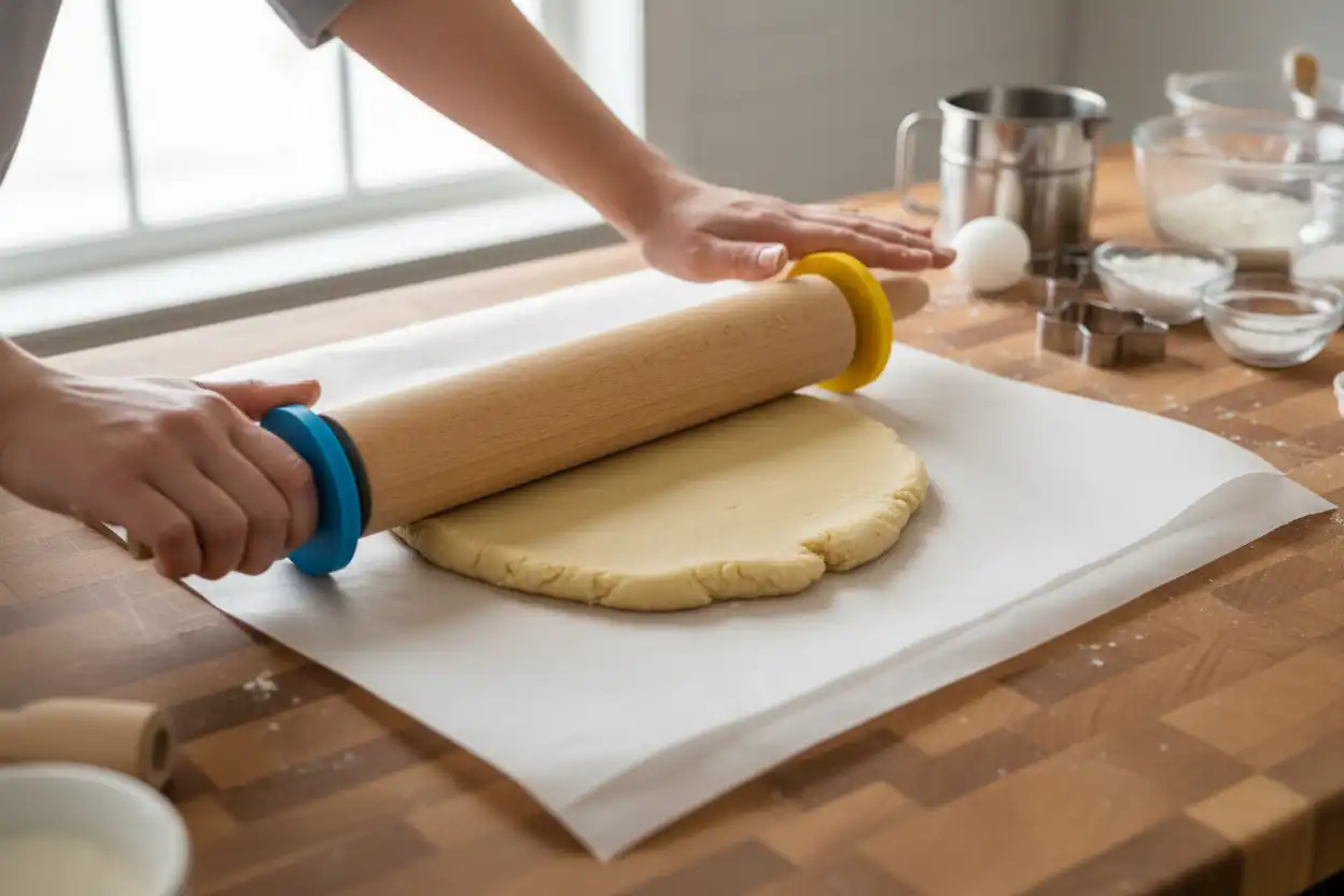 Baker rolling out dough using thickness rings on a wooden rolling pin