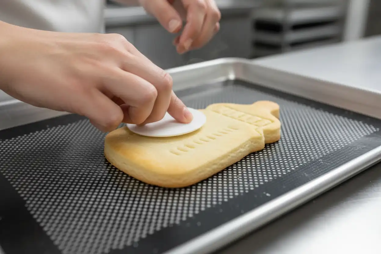 Baker using a plastic fondant smoother on a freshly baked hot cookie to create a flat surface