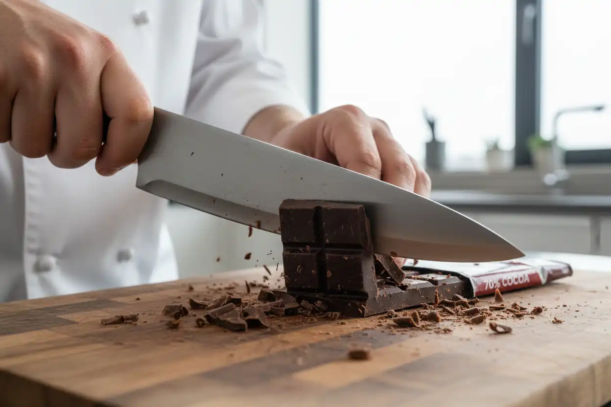 Chef's knife cutting a dark chocolate bar into rustic, irregular chunks on a wooden cutting board