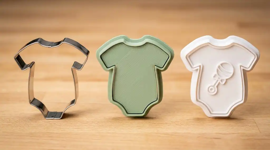 Close-up comparison of a stainless steel onesie cutter next to a 3D-printed PLA cutter and a stamped plastic cutter