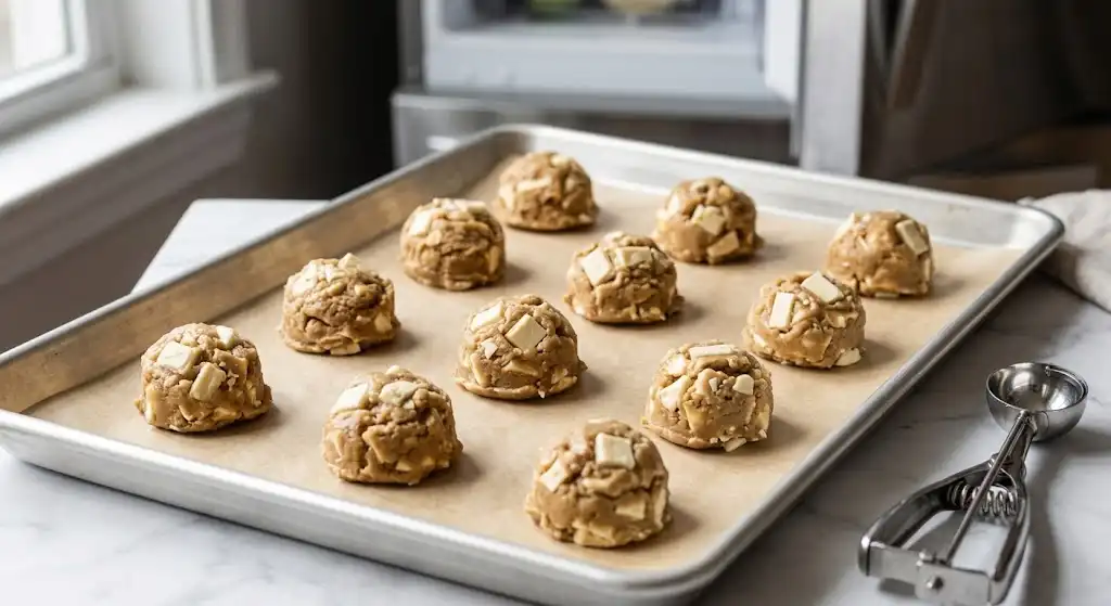 Cookie dough balls arranged on a parchment-lined half sheet pan before chilling in the refrigerator