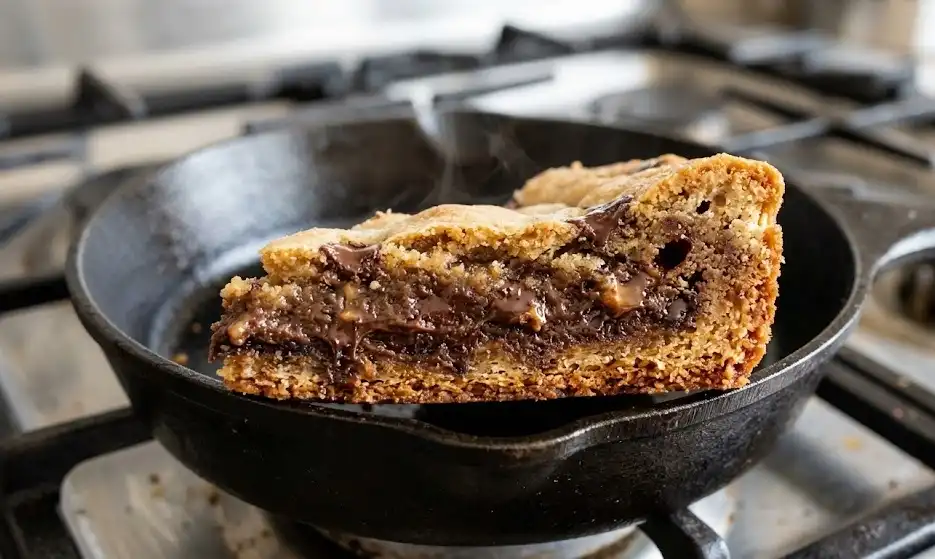 Cross-section of a thick stovetop skillet cookie showing gooey center, melted chocolate, and toasted base