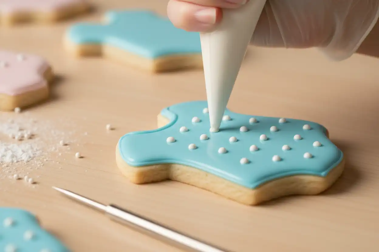 Decorating a onesie cookie using wet-on-wet royal icing technique to create polka dots