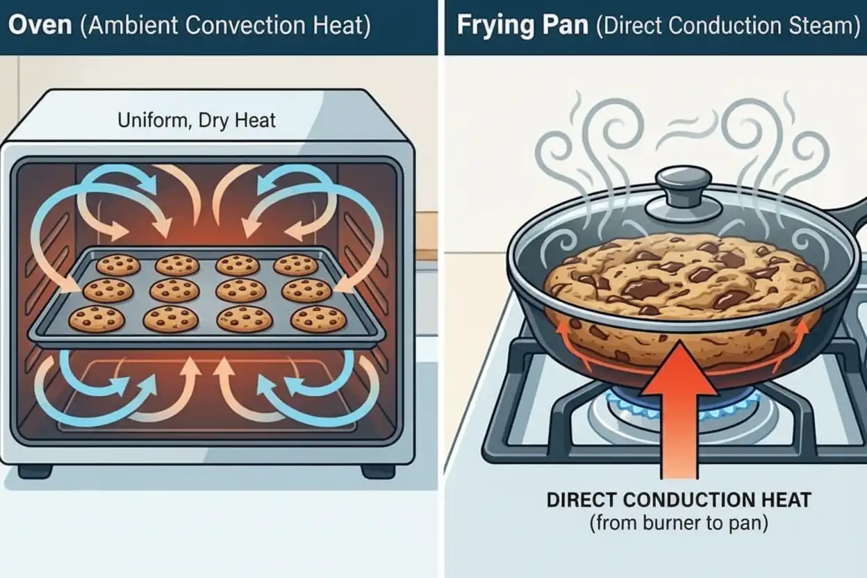 Diagram comparing heat distribution in an oven (ambient convection) vs. a frying pan (direct conduction + lid steam)