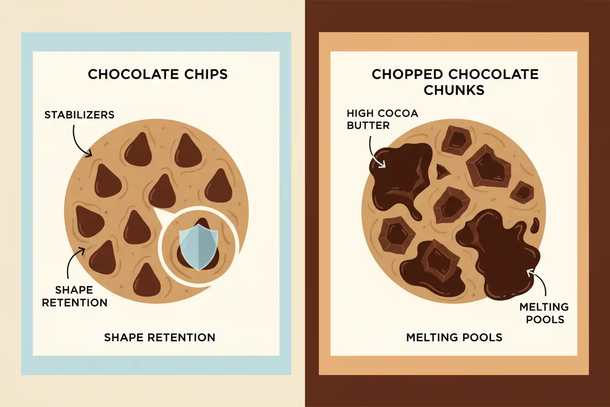 Diagram showing melting characteristics of chocolate chips with stabilizers versus chopped chocolate bar chunks with cocoa butter
