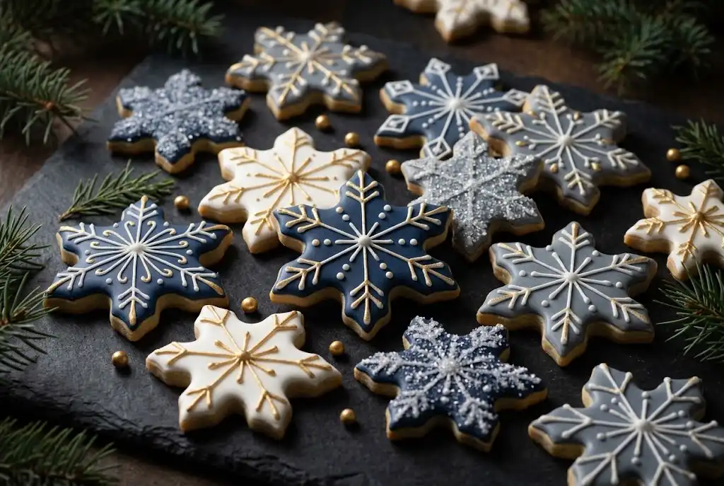 Elegant arrangement of geometric snowflake cookies with metallic gold accents and piped detail