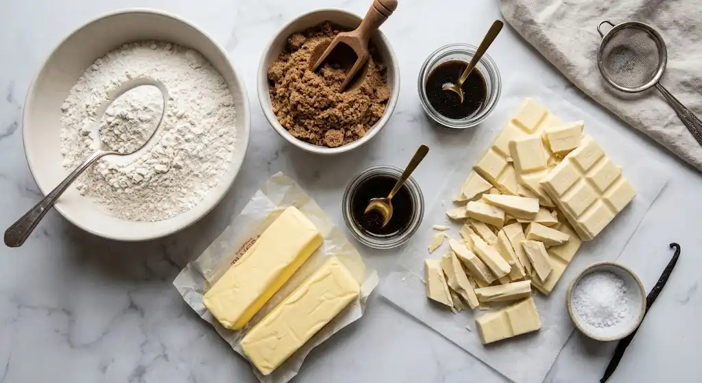 Flat-lay display of raw ingredients including unbleached flour, dark brown sugar, European butter, vanilla bean paste, and chopped white chocolate bars