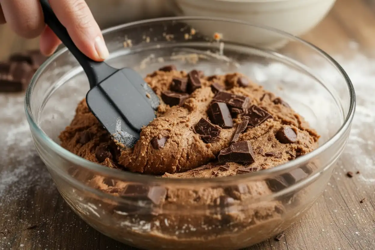 Folding chopped chocolate into the dough using a silicone spatula.
