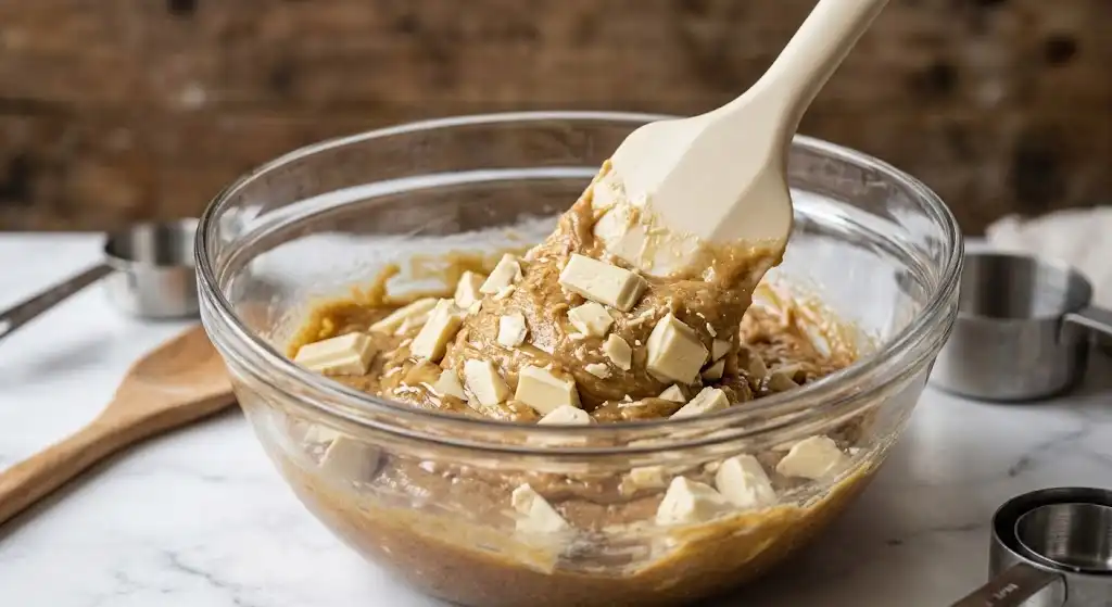 Folding the chopped white chocolate into the cookie dough with a silicone spatula just as the dry flour streaks disappear