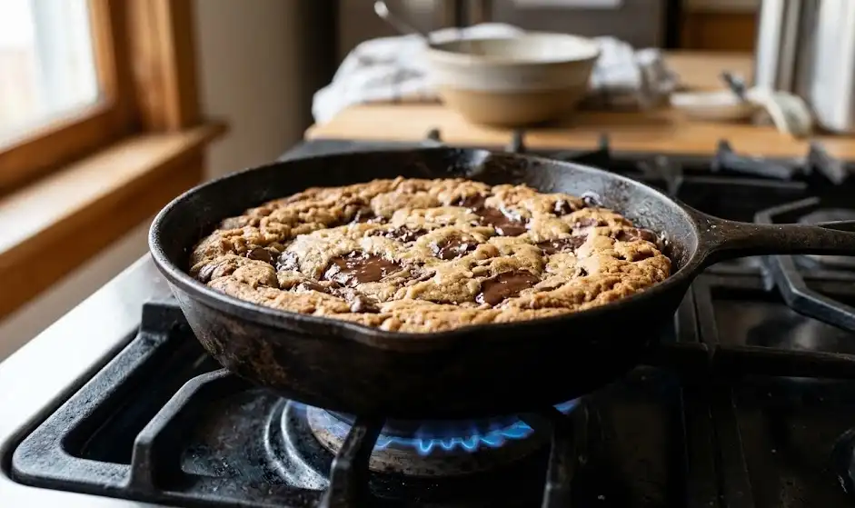 Golden-brown chocolate chip cookie sitting inside a seasoned cast-iron skillet on a gas range