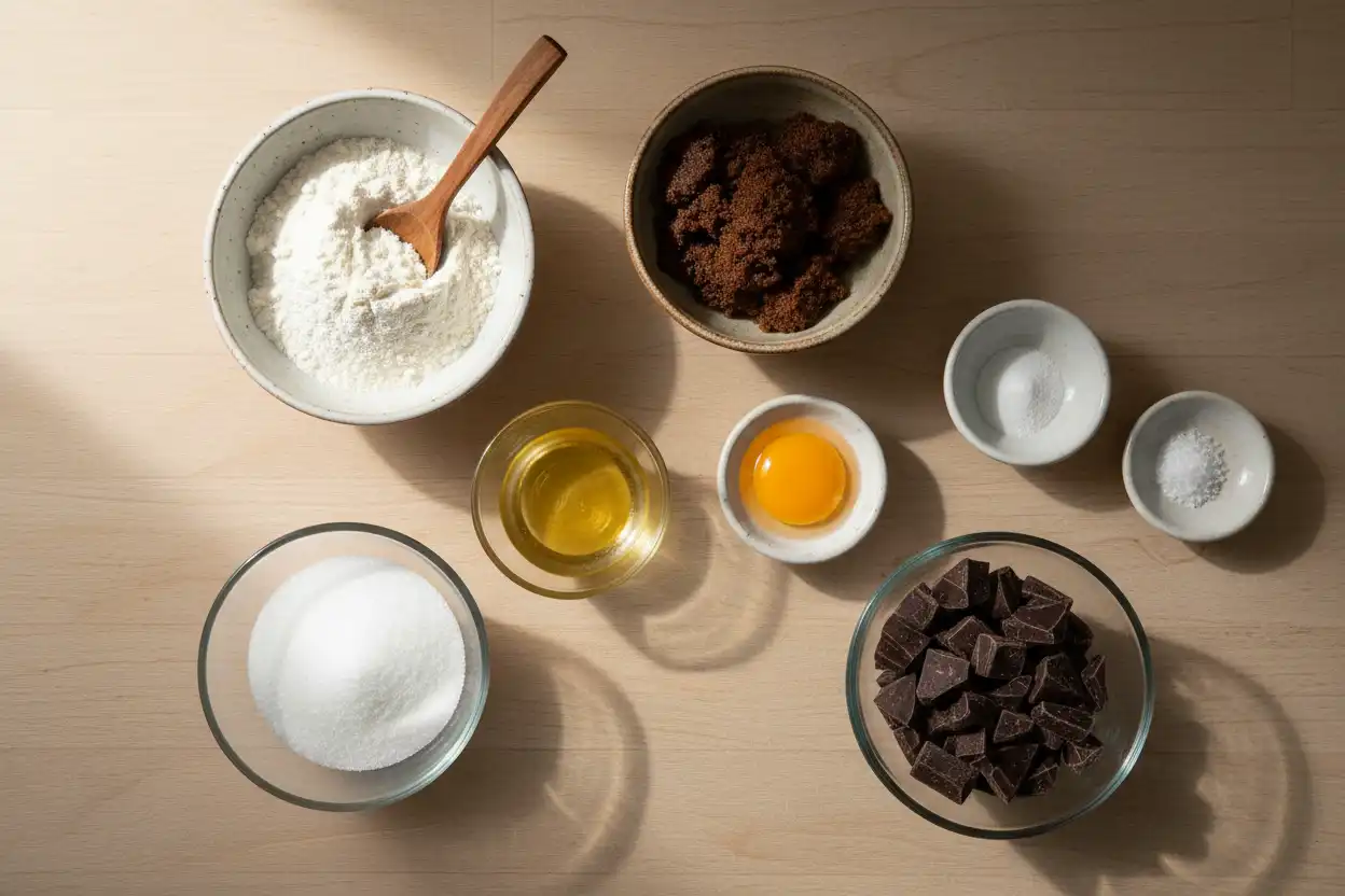 Ingredients laid out in bowls flour, brown sugar, white sugar, butter, egg yolk, baking soda, and dark chocolate chunks