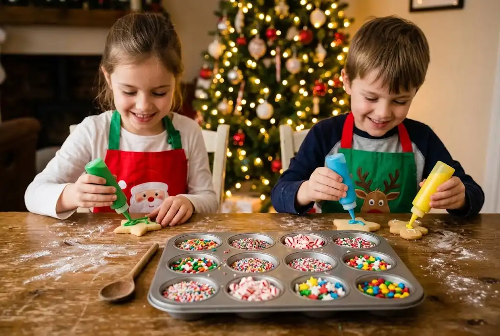 Kids decorating sugar cookies using squeeze bottles and assorted sprinkles in muffin tins