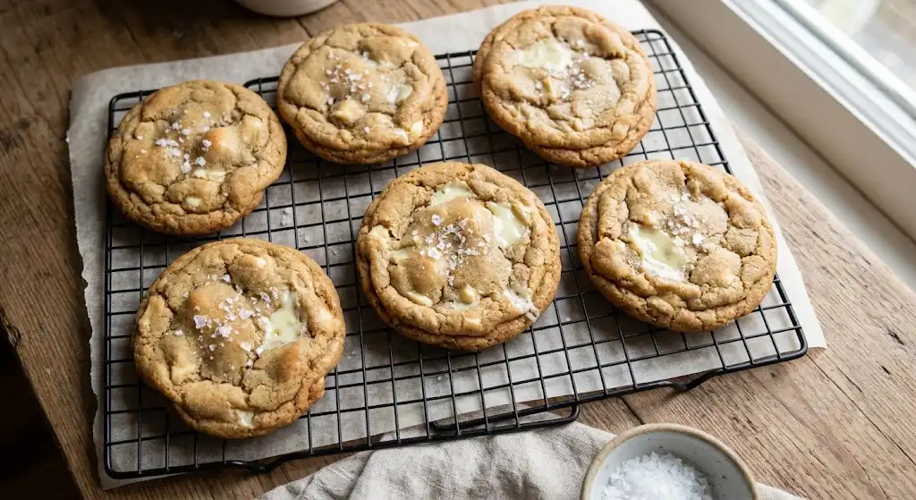 Overhead shot of freshly baked chewy white chocolate chip cookies on a wire cooling rack with flaky sea salt on top