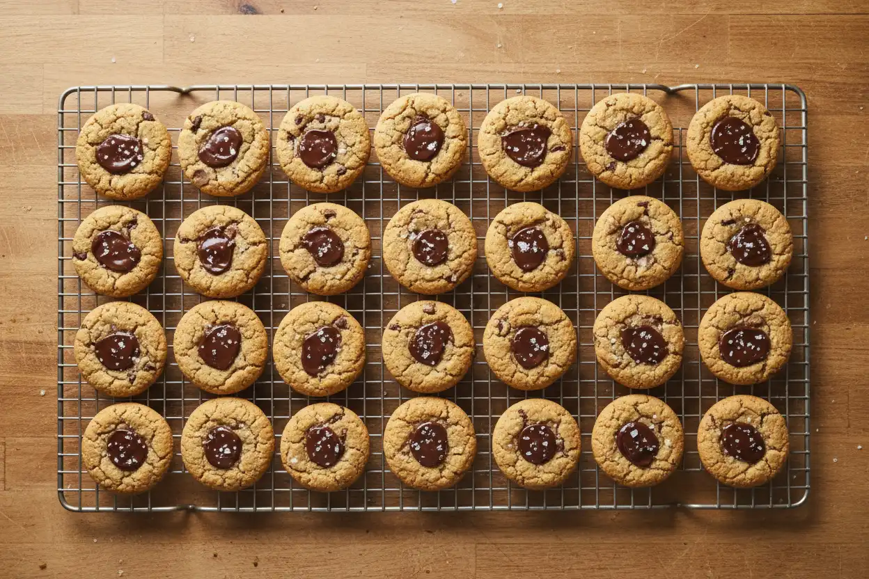 Overhead view of a tray of baked chocolate chunk cookies cooling on a wire rack
