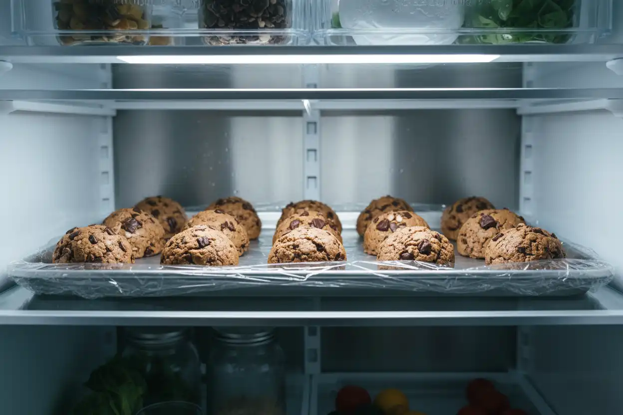 Raw cookie dough portioned into balls resting on a tray in the refrigerator