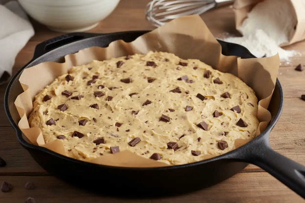 Raw cookie dough pressed evenly into an 8-inch cast iron skillet lined with a circle of parchment paper