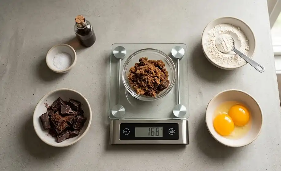 Raw ingredients weighed out on a digital kitchen scale including dark brown sugar, chopped dark chocolate bars, flour, and egg yolks