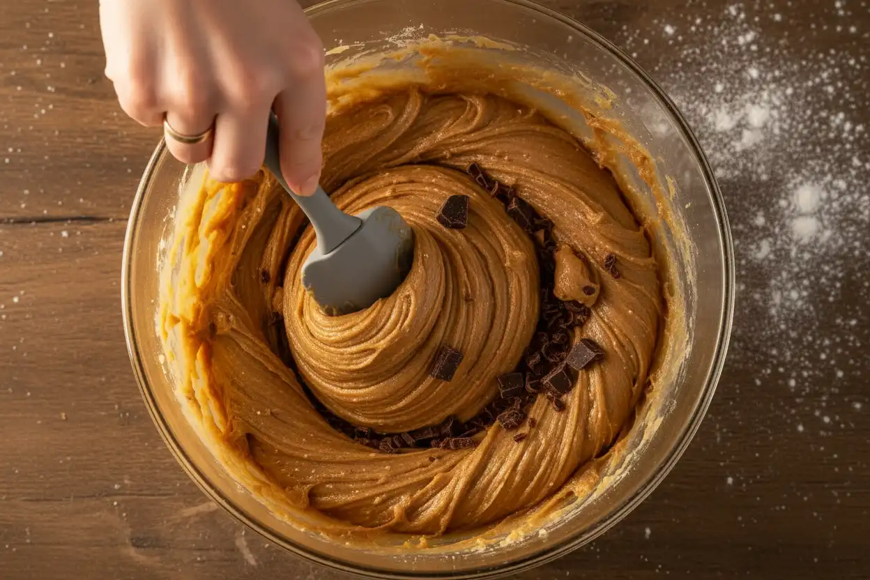 Rubber spatula folding chopped chocolate chunks into thick cookie dough in a glass bowl