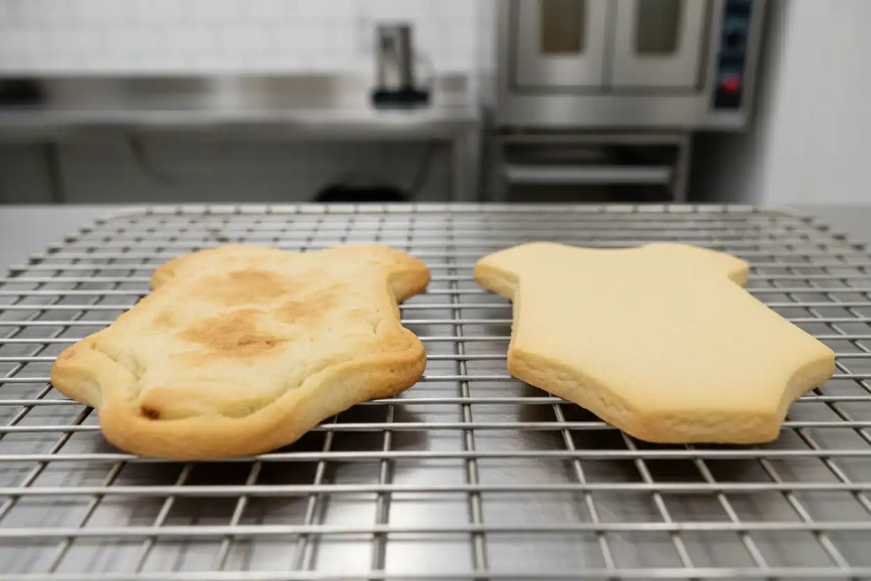 Side-by-side comparison of a cookie baked with too much leavener versus a crisp-edged no-spread sugar cookie
