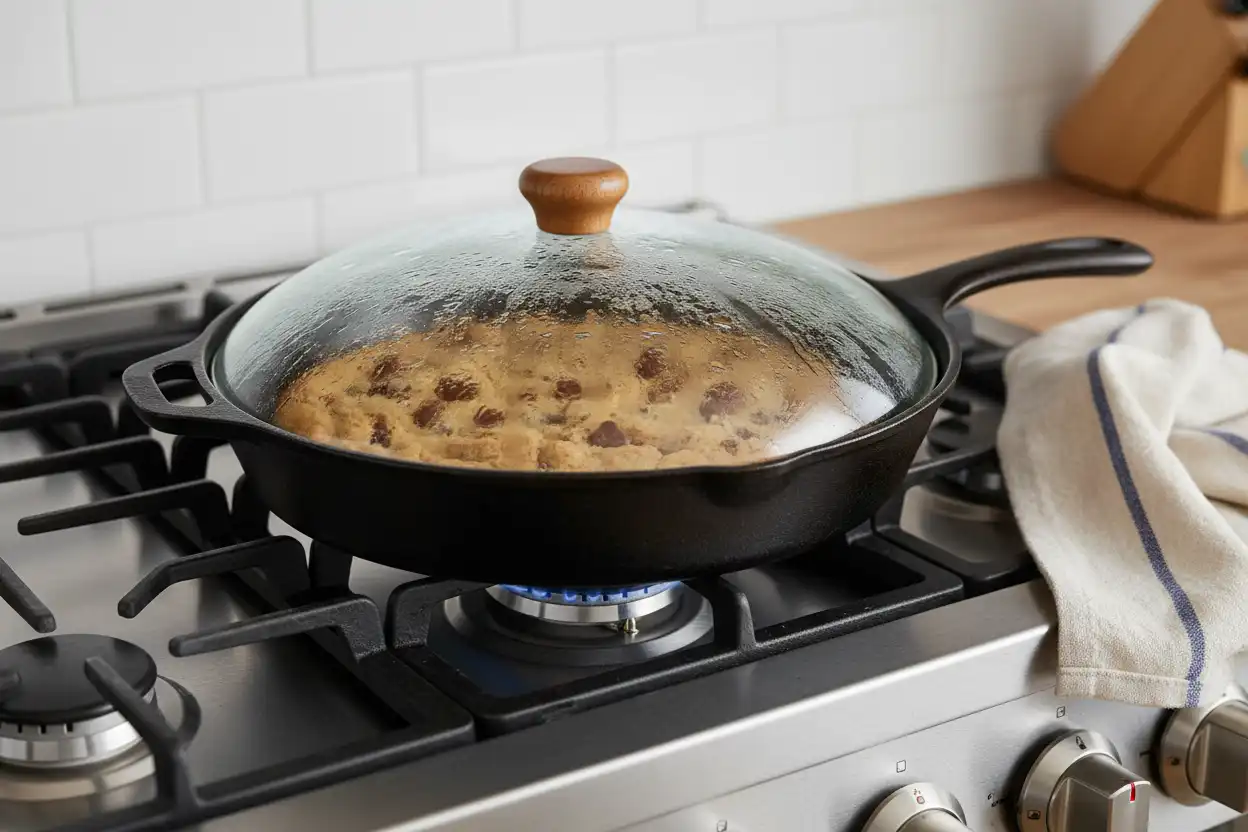 Skillet placed on a low gas burner covered with a domed glass lid showing gentle steam gathering