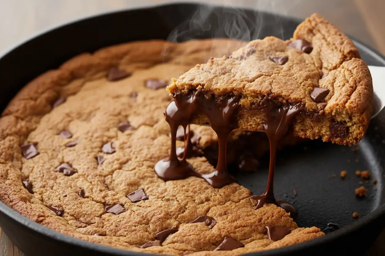 Sliced wedge of warm skillet cookie lifted with a spatula, showing gooey melted chocolate layers