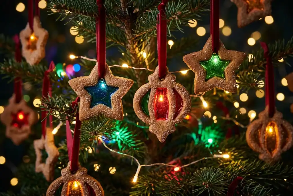 Stained glass Christmas cookies hanging as edible tree ornaments with warm light shining through
