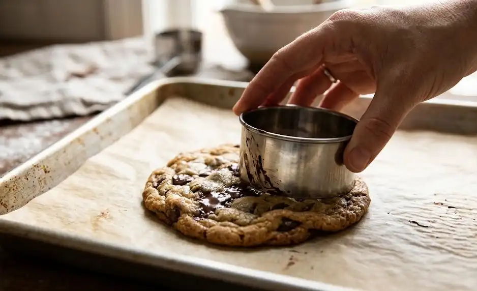 Swirling a round biscuit cutter over a warm cookie to shape it into a perfect circle.