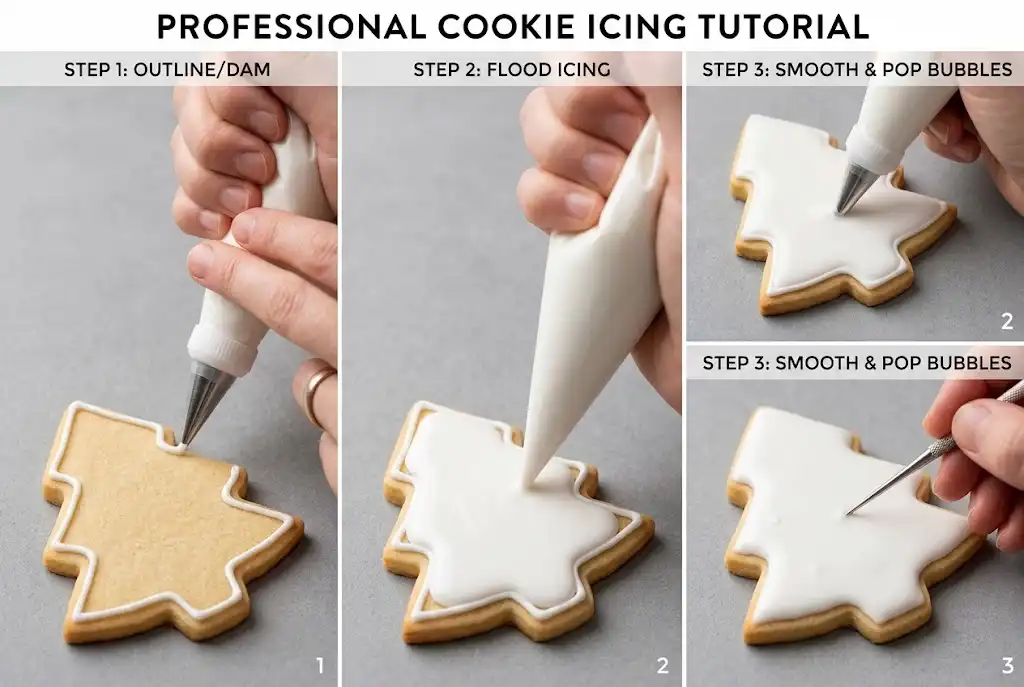 Three-panel photo showing cookie outline, flood filling, and scribe tool smoothing