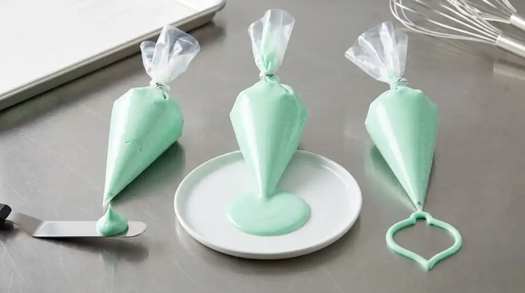 Three piping bags showing outline consistency, flood consistency, and detail consistency on a prep counter