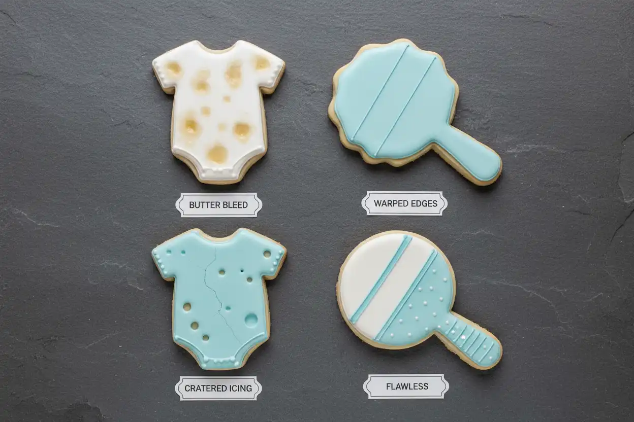 Troubleshooting guide showing common cookie flaws butter bleed, spreading, and rough surface texture
