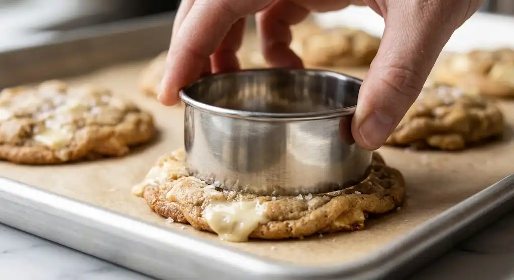 Using a round biscuit cutter to swirl a hot, freshly baked cookie into a perfect circle on the baking pan