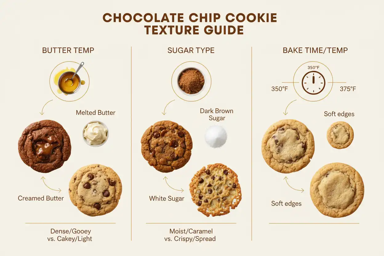 Visual diagram mapping how butter temperature, sugar types, and bake times affect cookie textures.
