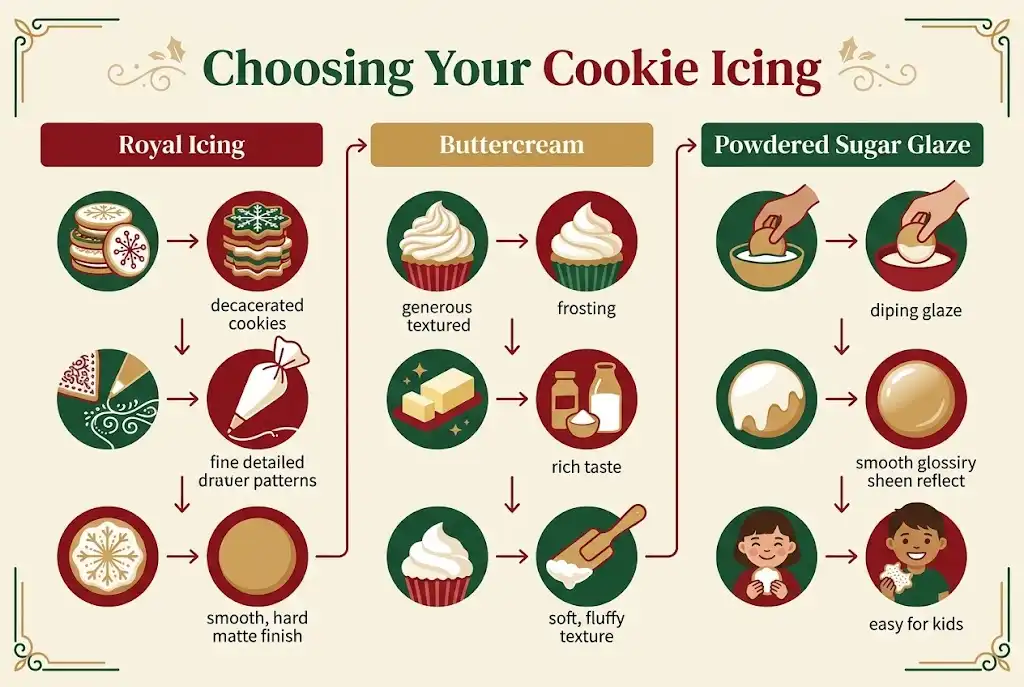Visual flowchart showing when to choose Royal Icing vs Buttercream vs Powdered Sugar Glaze