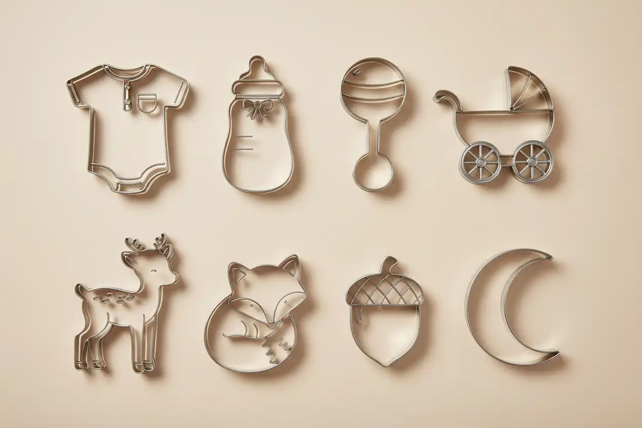Visual guide displaying classic baby shower cutter profiles alongside modern theme groupings