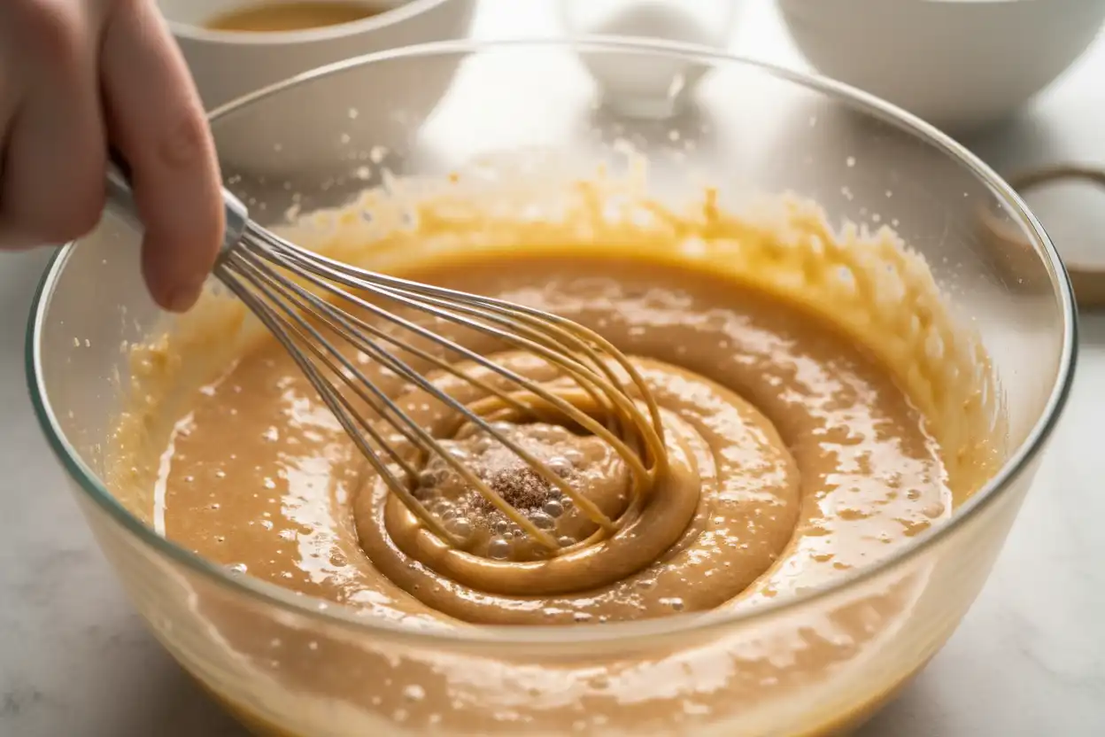 Whisking melted butter and sugars together until smooth and emulsified.