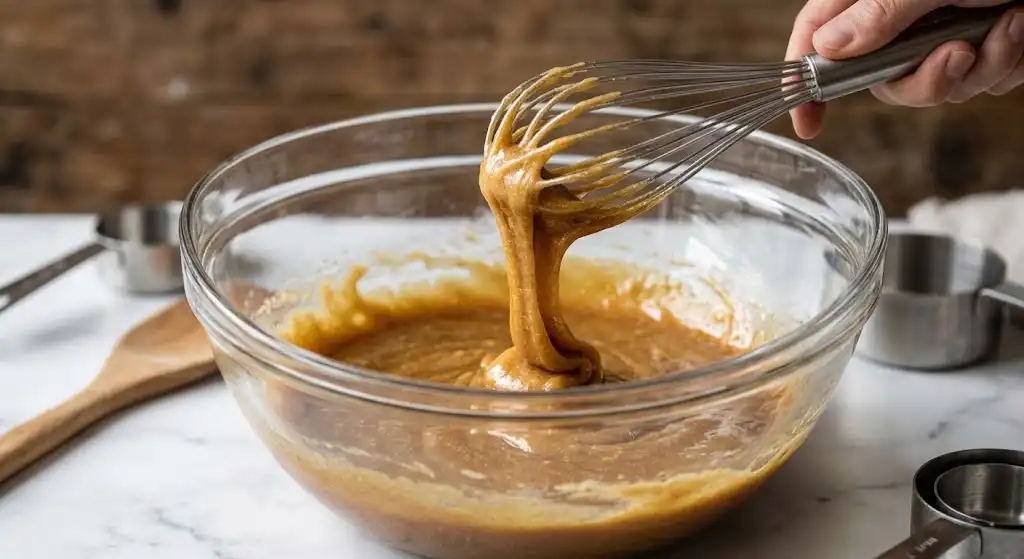 Whisking the melted butter, dark brown sugar, and granulated sugar together in a glass mixing bowl until glossy and ribbon-like