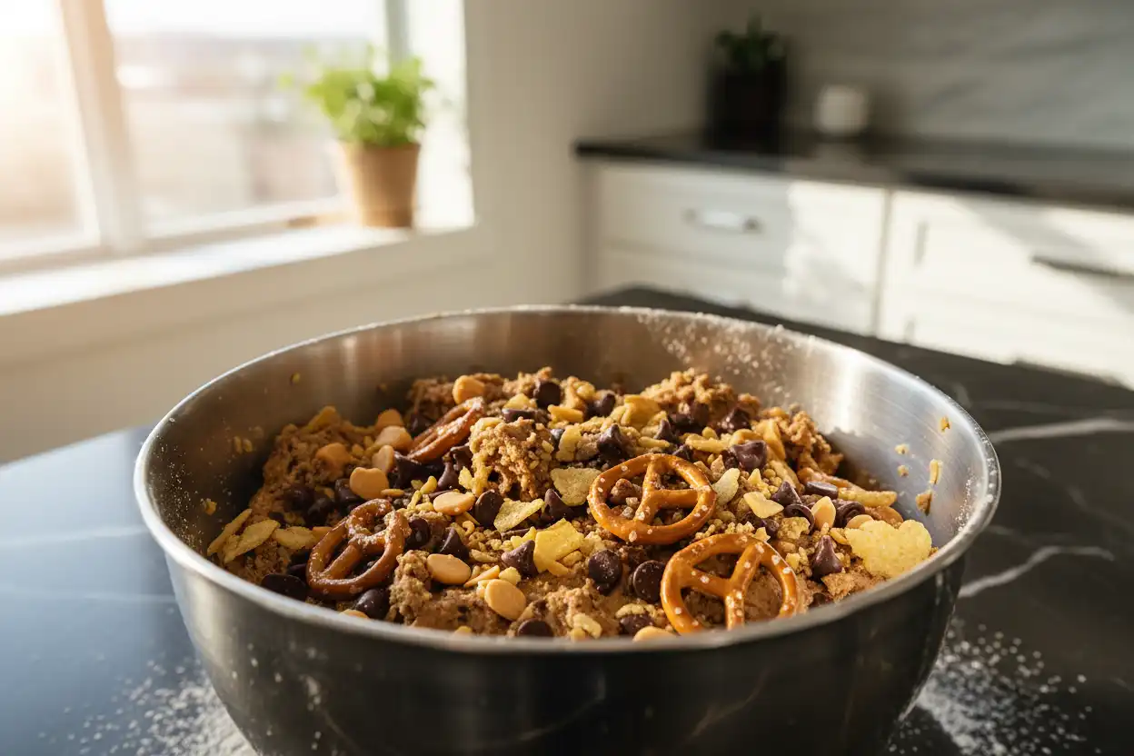 kitchen sink cookies, chewy kitchen sink cookie recipe, sweet and salty cookies, chocolate chip dough base, pretzels and potato chips, toffee bits, baking sheets, chilled cookie dough,