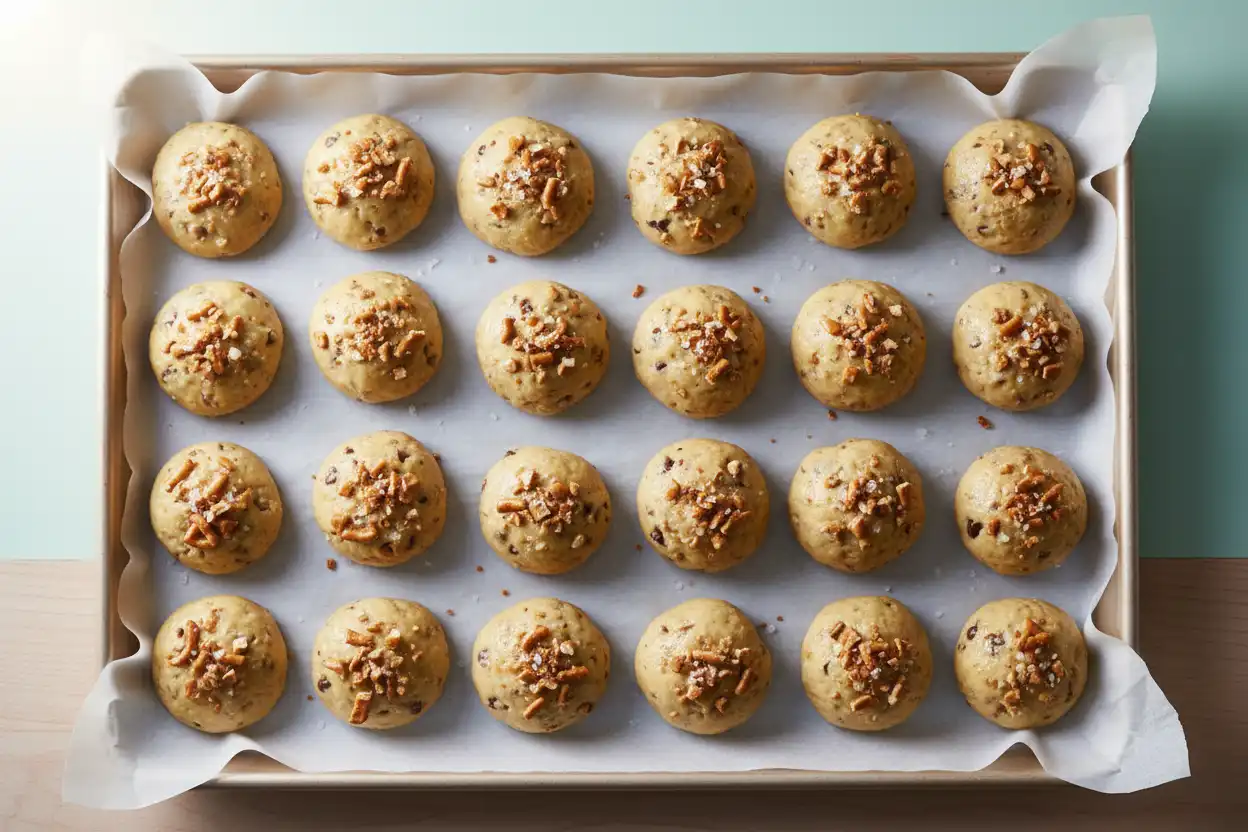 kitchen sink cookies, chewy kitchen sink cookie recipe, sweet and salty cookies, chocolate chip dough base, pretzels and potato chips, toffee bits, baking sheets, chilled cookie dough,