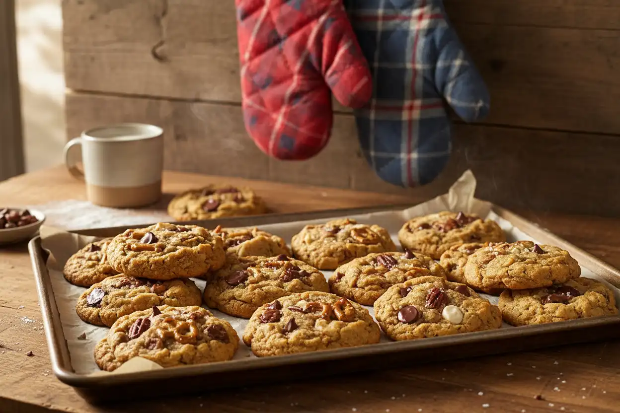 kitchen sink cookies, chewy kitchen sink cookie recipe, sweet and salty cookies, chocolate chip dough base, pretzels and potato chips, toffee bits, baking sheets, chilled cookie dough,