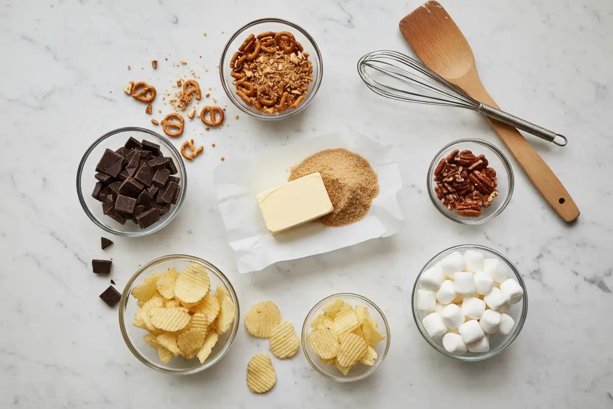 kitchen sink cookies, chewy kitchen sink cookie recipe, sweet and salty cookies, chocolate chip dough base, pretzels and potato chips, toffee bits, baking sheets, chilled cookie dough,