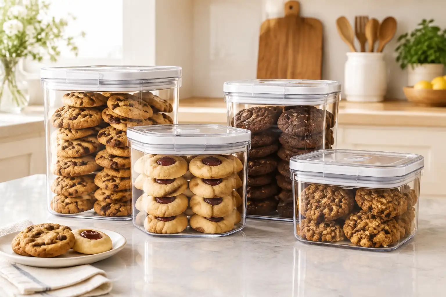 Airtight food storage containers filled with neatly stacked gourmet cookies