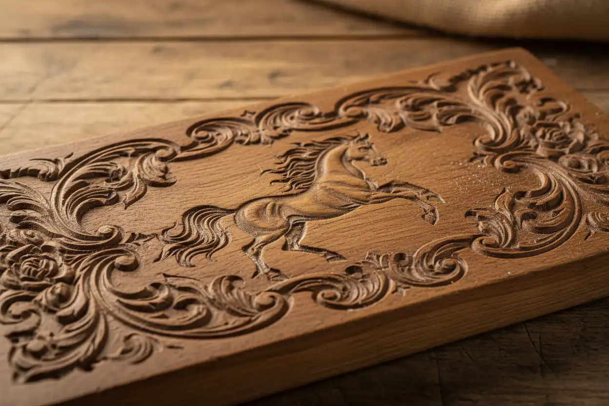 Antique hand-carved wooden Springerle mold with intricate floral and equestrian motifs