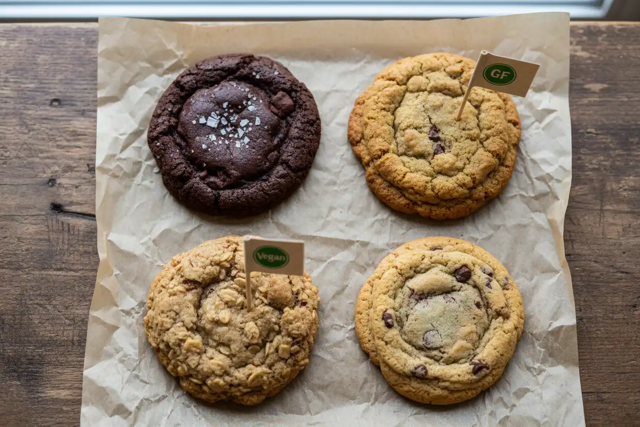 Array of cookie variations including a gluten-free cookie, a vegan version, and a sea salt dark chocolate chunk version on parchment.