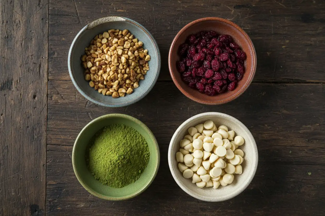 Assorted mix-in options displayed in small bowls (macadamias, tart cranberries, matcha powder)