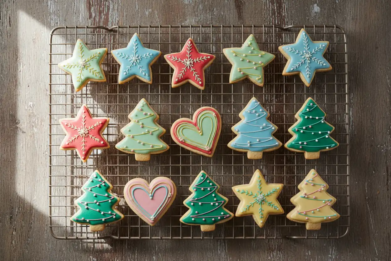 Beautiful spread of decorated holiday iced sugar cookies on a cooling rack