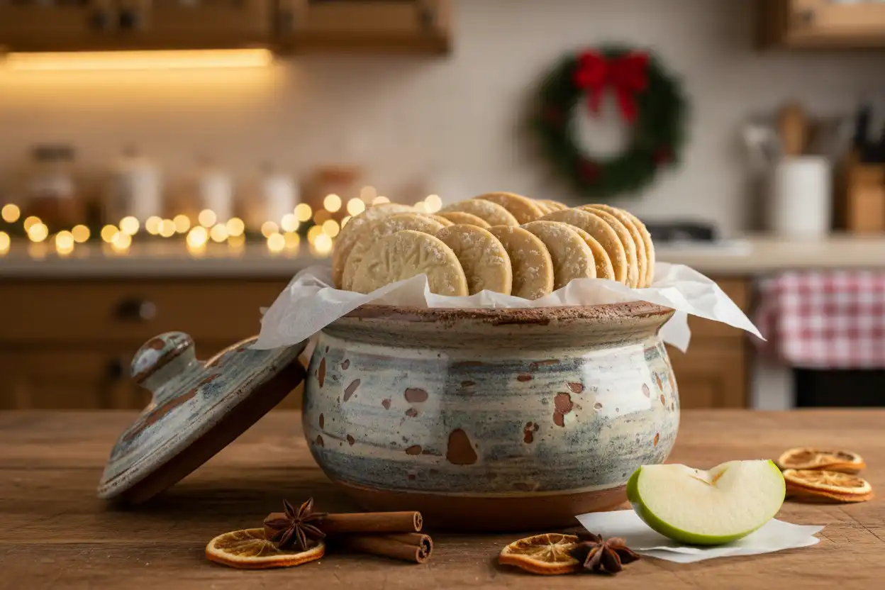 Ceramic cookie jar with Springerle cookies layered between sheets of wax paper with an apple wedge