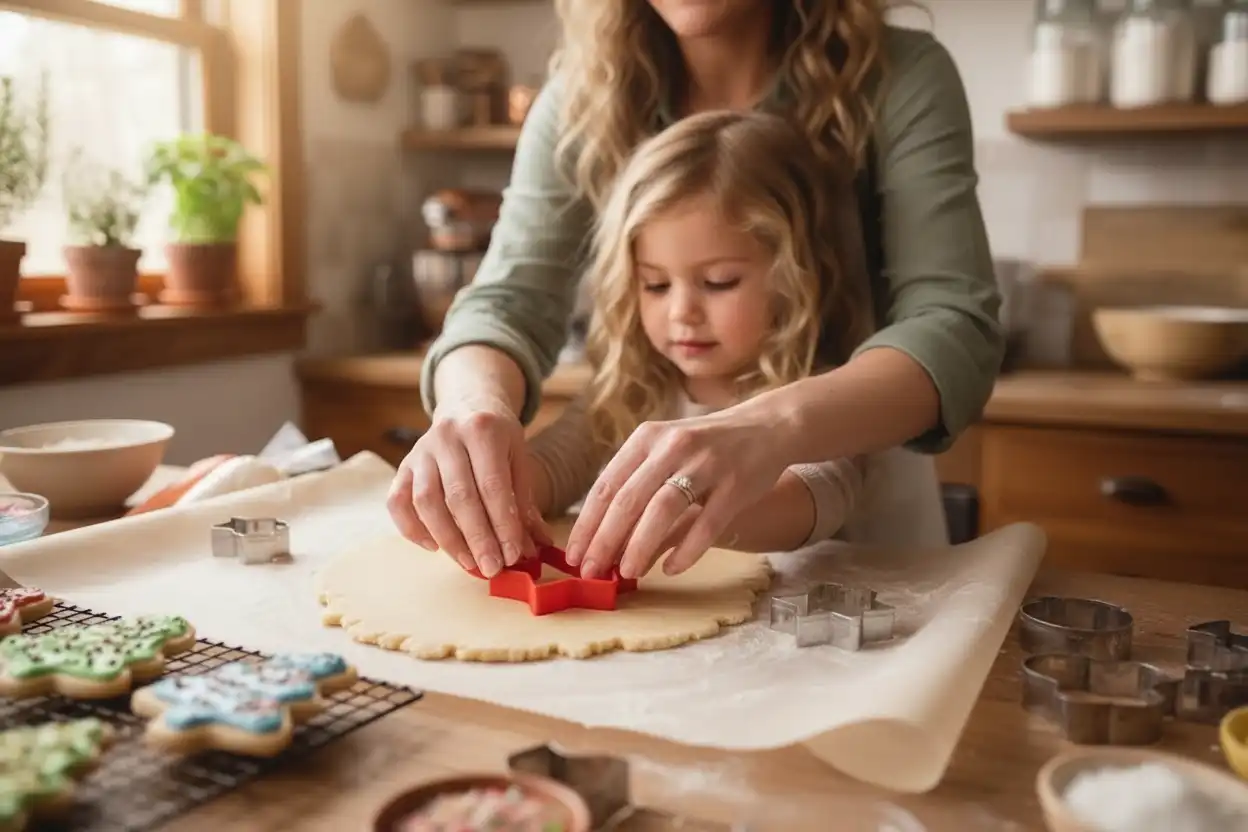 Child using a colorful plastic cookie cutter to cut heart shapes out of chilled dough with a parent helping